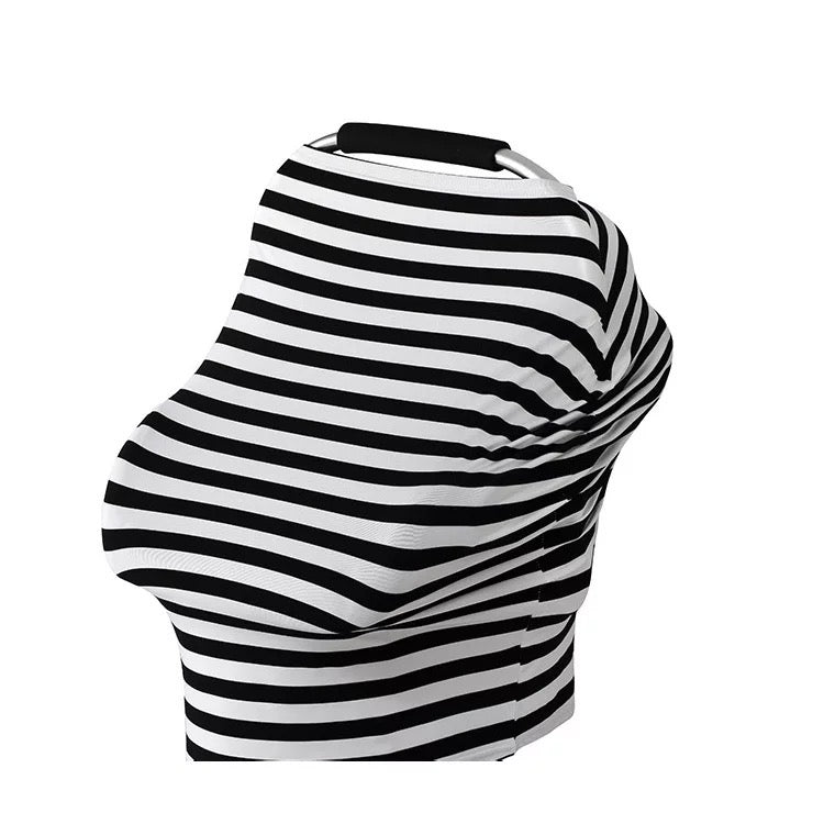 Kybos 4-in-1 Nursing Cover, Car Seat Cover, Shopping Cart Cover and Infinity Scarf – Breathable, Multi-Use Mom Boss Breastfeeding Cover, Car Seat Canopy, Cart Cover & Scarf, Black & White Stripe - Kybo's Baby Clothing