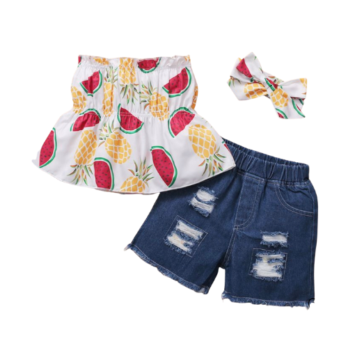 3pcs Toddler Girl Watermelon Top Animal Denim Shorts - Kybo's Baby Clothing