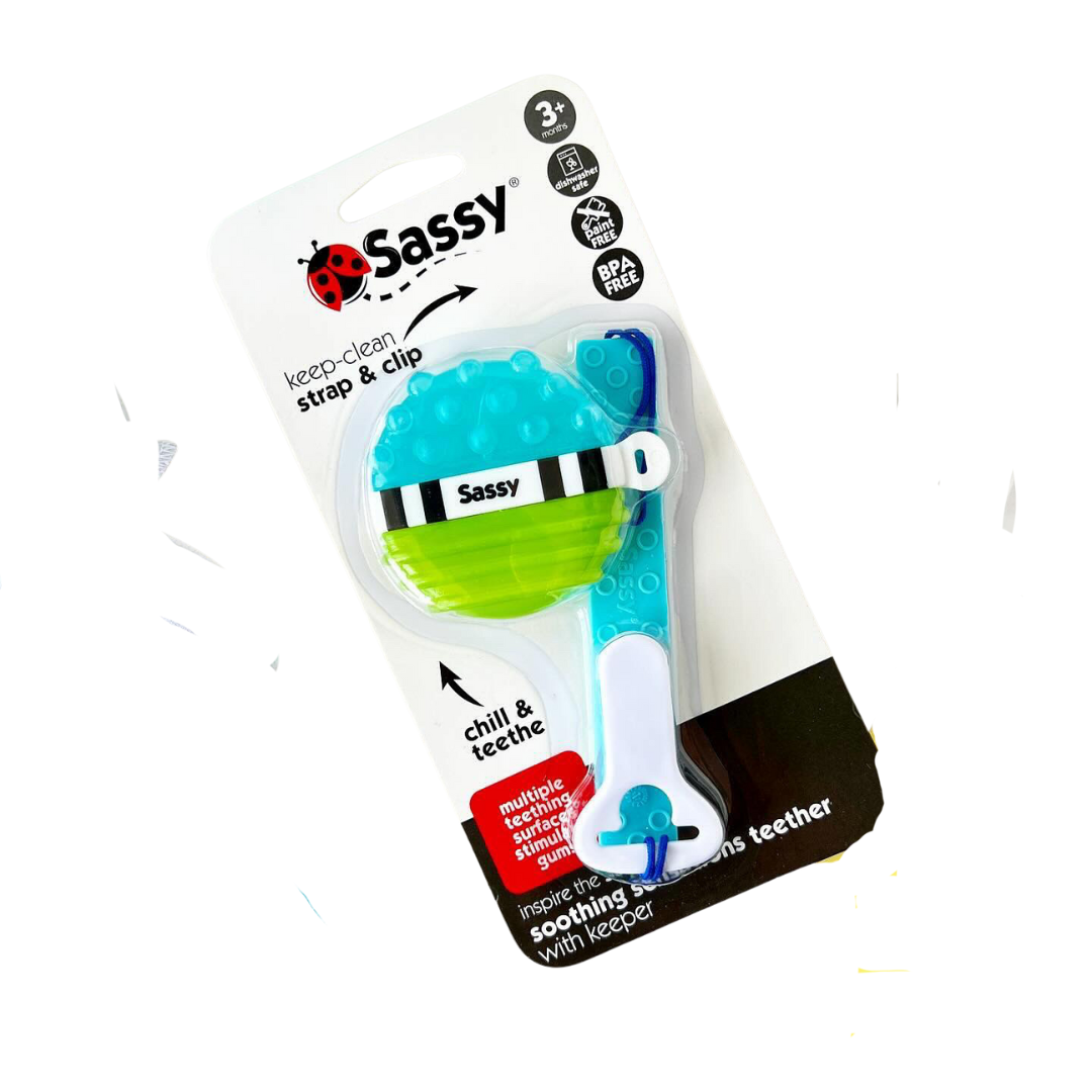 Sassy Teether with Soft Flexible Strap & Keeper Clip, Soothing Sensations