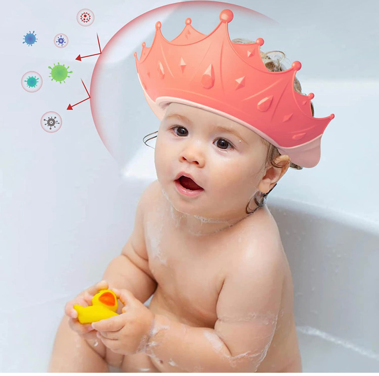 Crown Baby Shower Cap, Adjustable Baby Hair Washing Guard Bath Shield Visor Hat Eyes and Ears Head Protection Bath Shampoo Hat Waterproof Soft Silicone Shower Cap for Kids Toddler