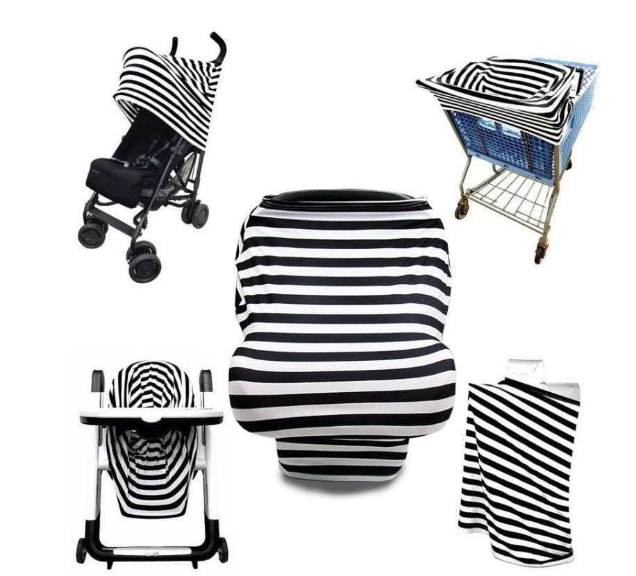 Kybos 4-in-1 Nursing Cover, Car Seat Cover, Shopping Cart Cover and Infinity Scarf – Breathable, Multi-Use Mom Boss Breastfeeding Cover, Car Seat Canopy, Cart Cover & Scarf, Black & White Stripe - Kybo's Baby Clothing