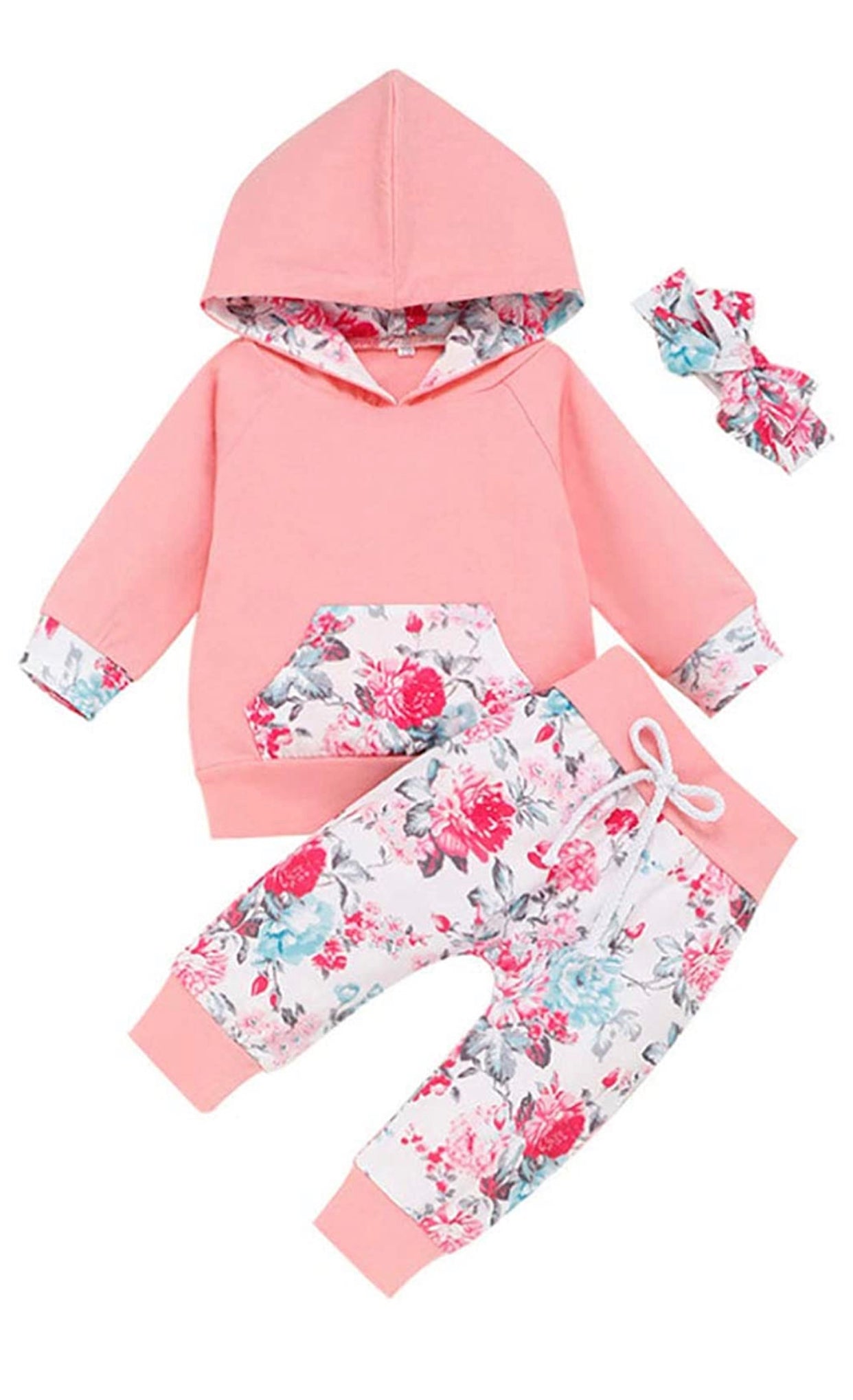 3Pcs Infant Toddler Baby Girl Clothes Long Sleeve Hoodie with Pocket Tops Floral P - Kybo's Baby Clothing