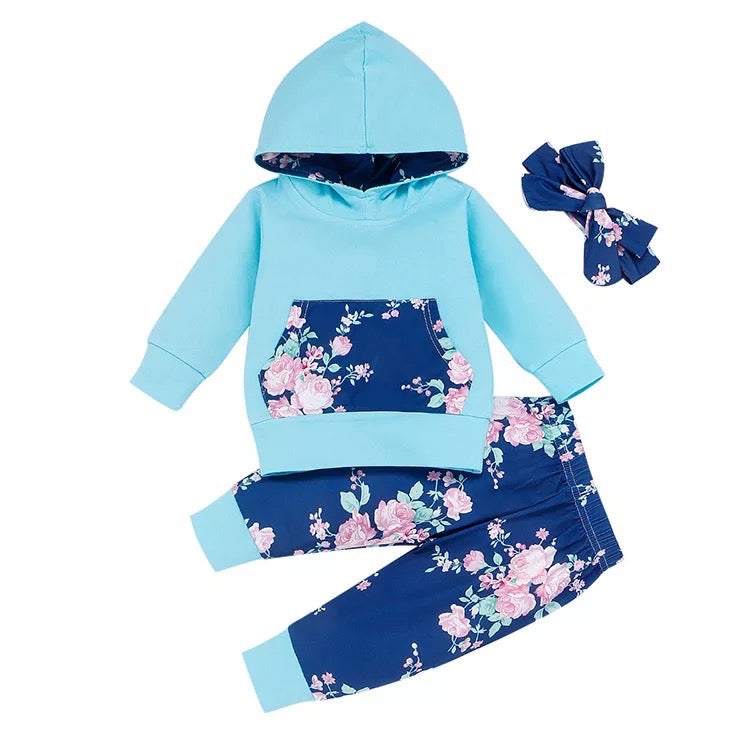 3Pcs Infant Toddler Baby Girl Clothes Long Sleeve Hoodie with Pocket Tops Floral P - Kybo's Baby Clothing