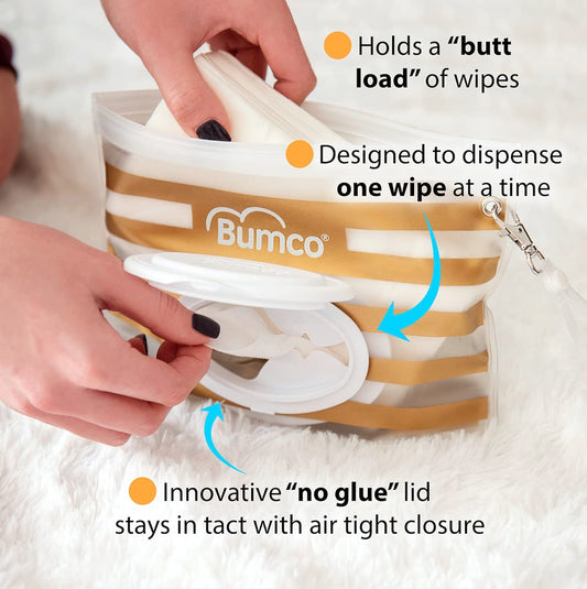 BUMCO Airtight Wipes Dispenser, Keeps Wet, Reusable Refillable Pouch, Diaper Bag Organizer for Travel, Carrying Clutch, Unique Baby Gift - Kybo's Baby Clothing