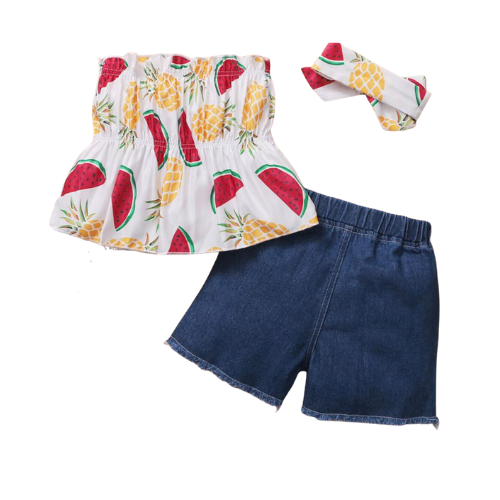 3pcs Toddler Girl Watermelon Top Animal Denim Shorts - Kybo's Baby Clothing