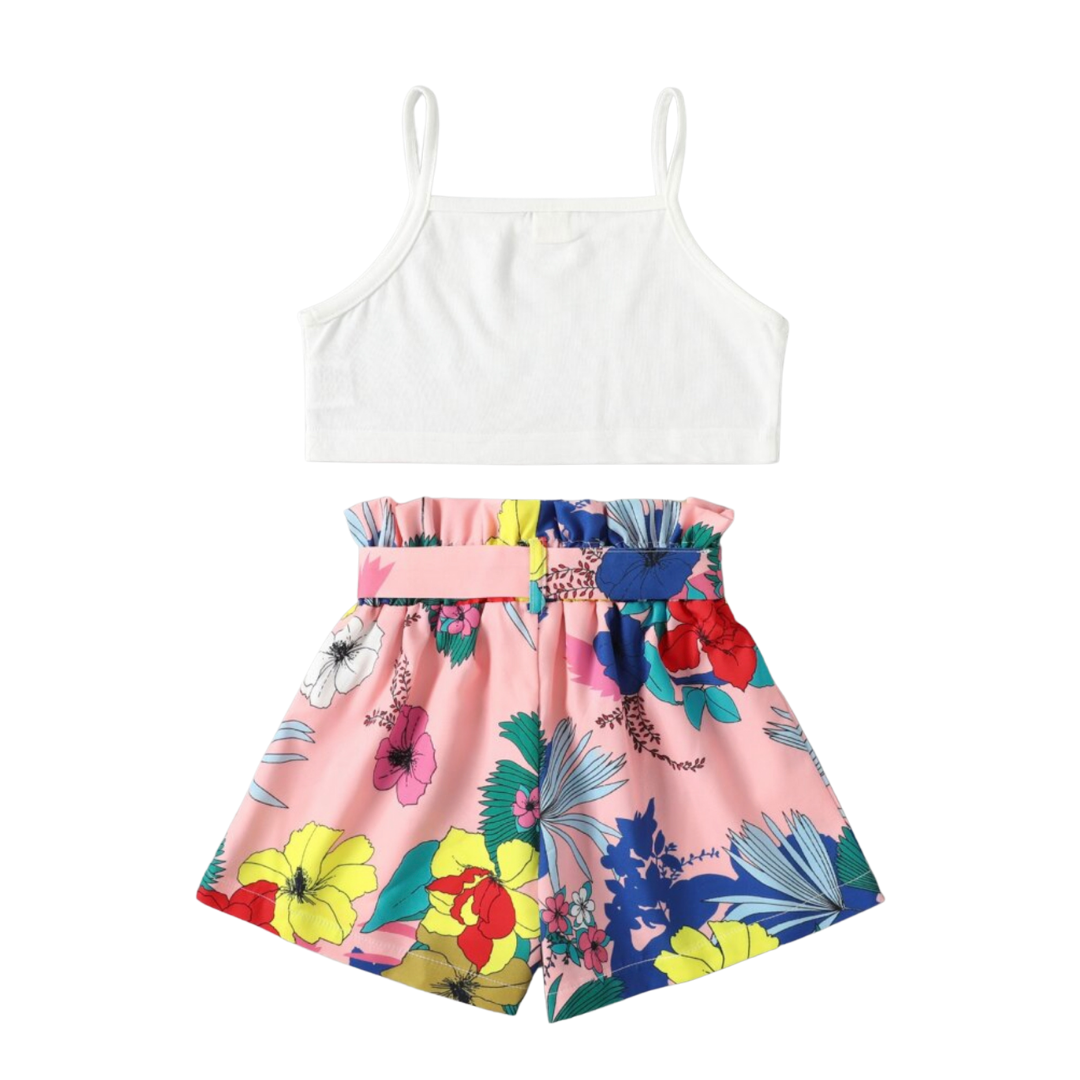 Toddler Girls Butterfly Print Cami Top & Paper Bag Waist Belted Shorts - Kybo's Baby Clothing
