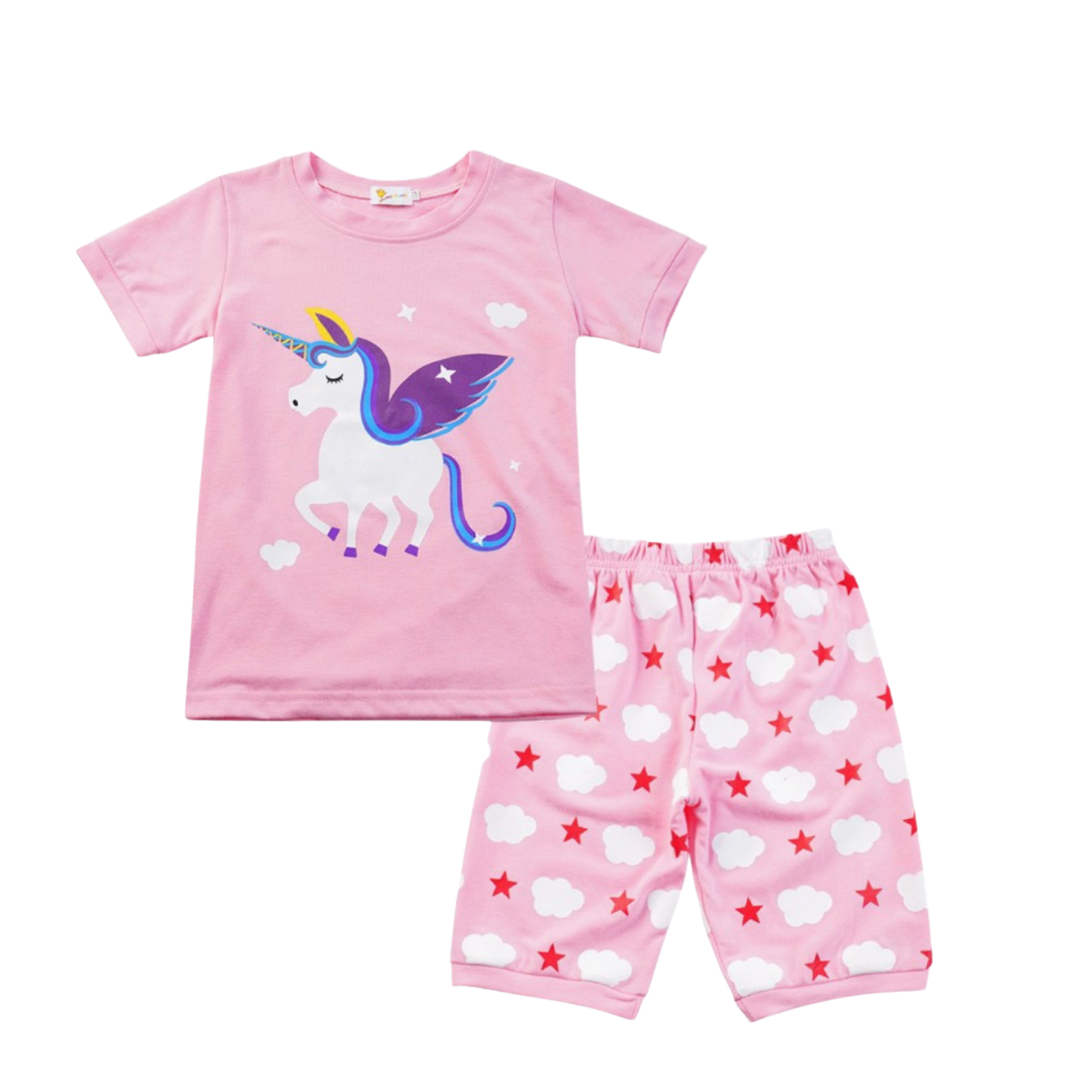 2Pcs Kids Short Sleeve Pajama Matching Sets Girls Cotton Sleepwear - Kybo's Baby Clothing